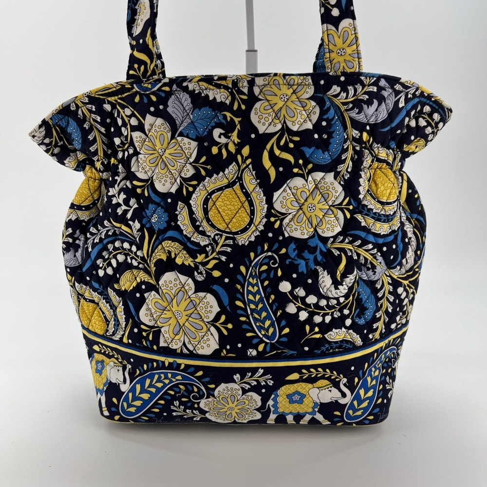 Vera Bradley Indigo Pop Quilted Cotton Tote Bag Floral Elephant Blue Yellow - Picture 3 of 5